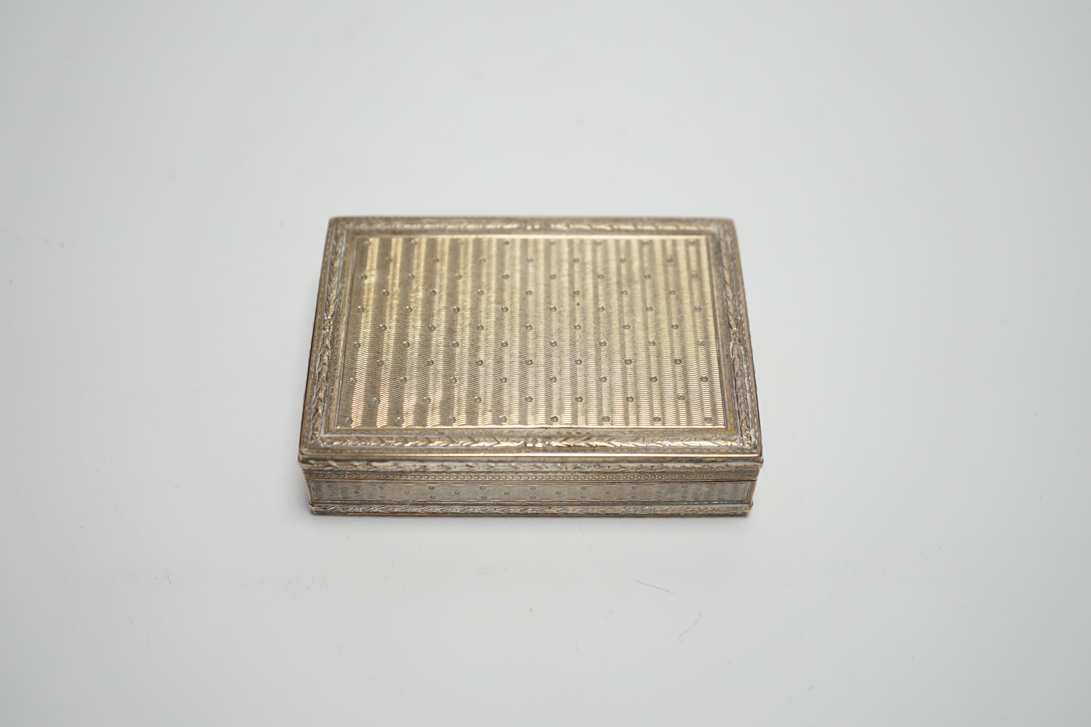 A late 19th century continental engine turned silver rectangular snuff box, import marks for Edwin Thompson Bryant, London, 1897, 78mm.